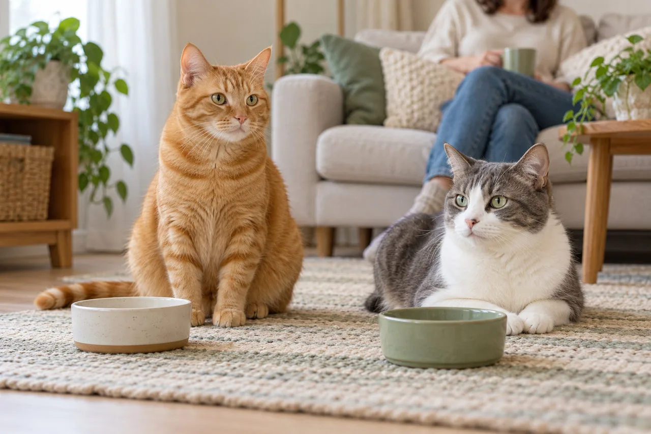 Two cats resting together beside their bowls in an illustrative home